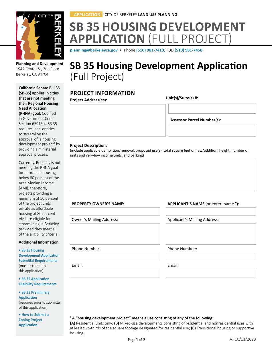 Sb 35 Housing Development Application (Full Project) - City of Berkeley, California, Page 1