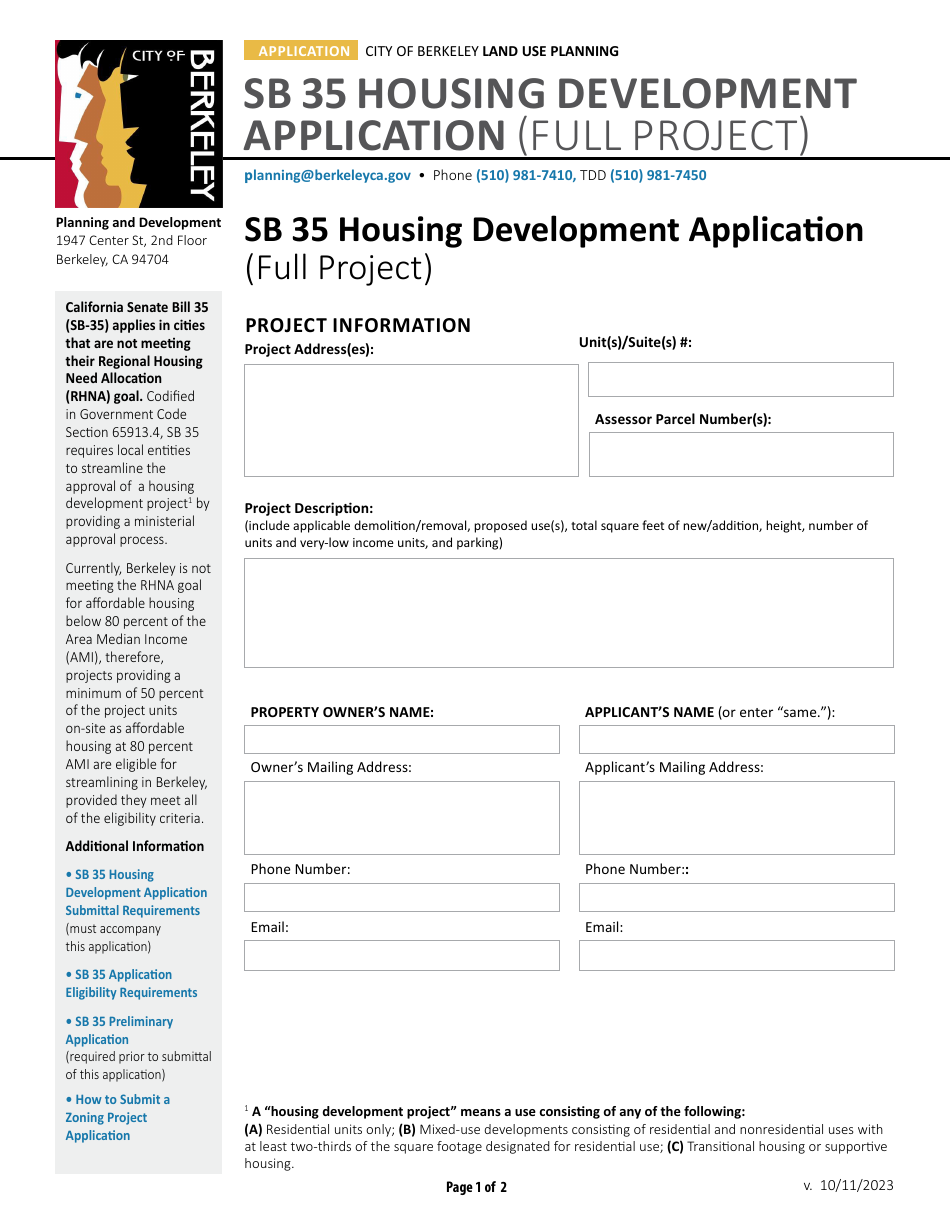 City of Berkeley, California Sb 35 Housing Development Application