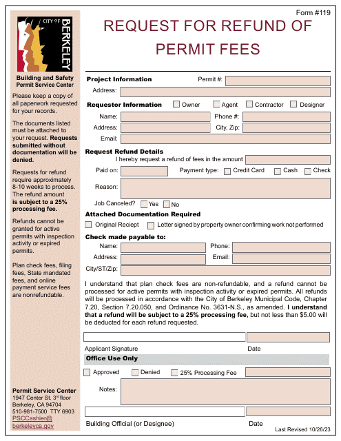 Form 119 Request for Refund of Permit Fees - City of Berkeley, California