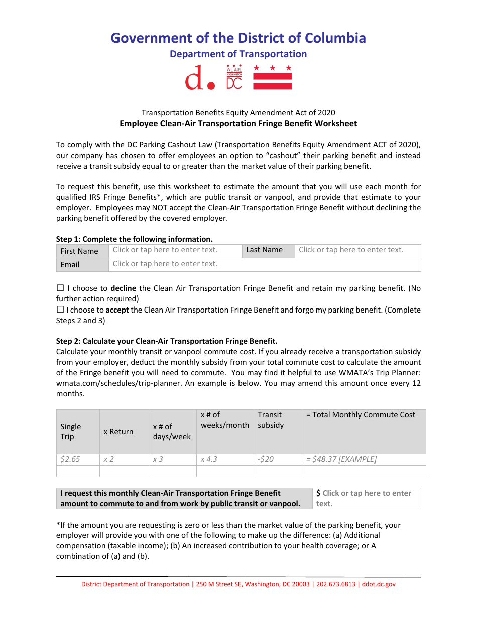 Employee Clean-Air Transportation Fringe Benefit Worksheet - Washington, D.C., Page 1