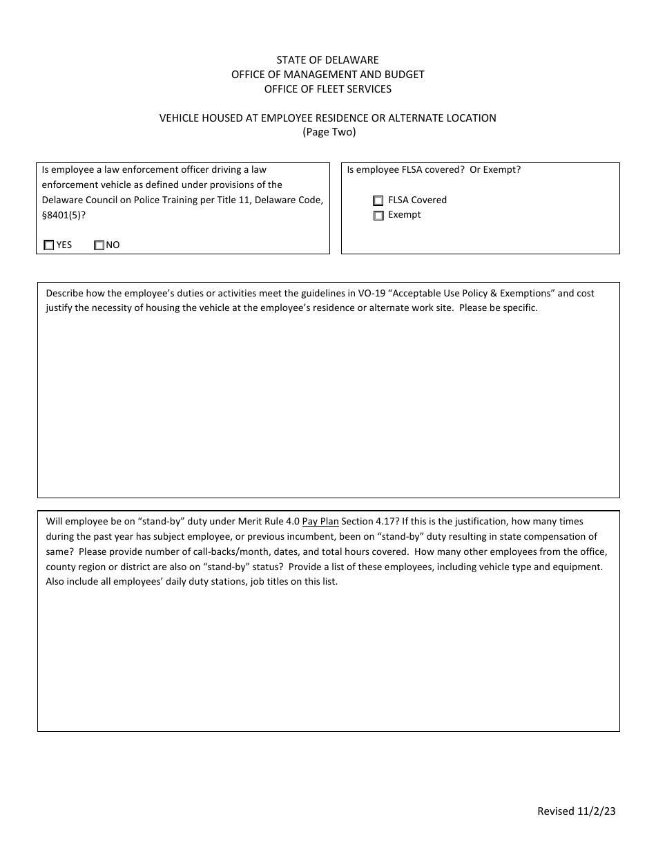 Vehicle Housed at Employee Residence or Alternate Location - Delaware, Page 2