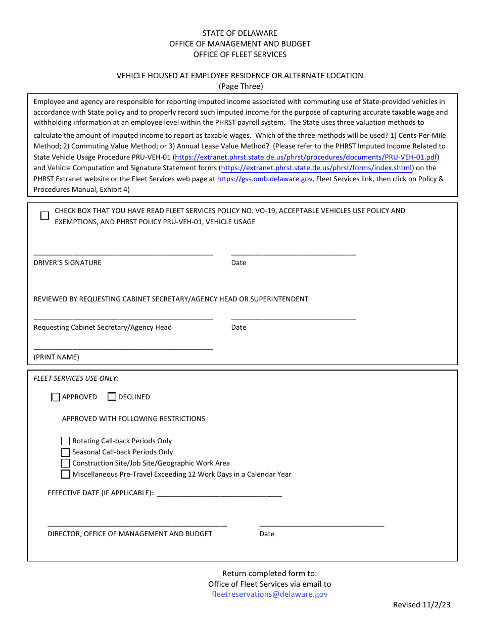 Vehicle Housed at Employee Residence or Alternate Location - Delaware, Page 3
