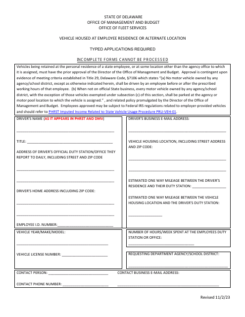 Vehicle Housed at Employee Residence or Alternate Location - Delaware Download Pdf