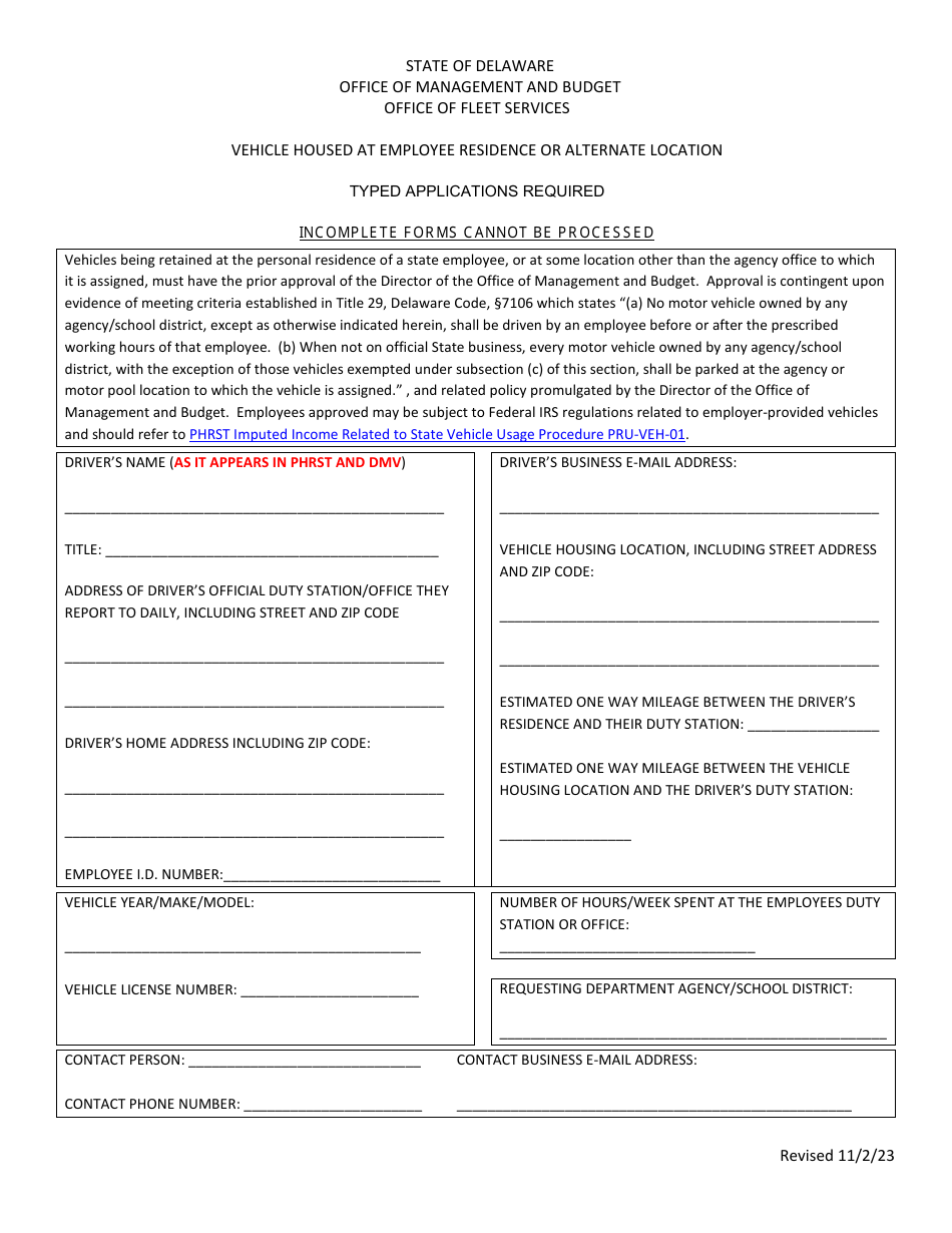 Delaware Vehicle Housed At Employee Residence Or Alternate Location   Vehicle Housed At Employee Residence Or Alternate Location Delaware Print Big 