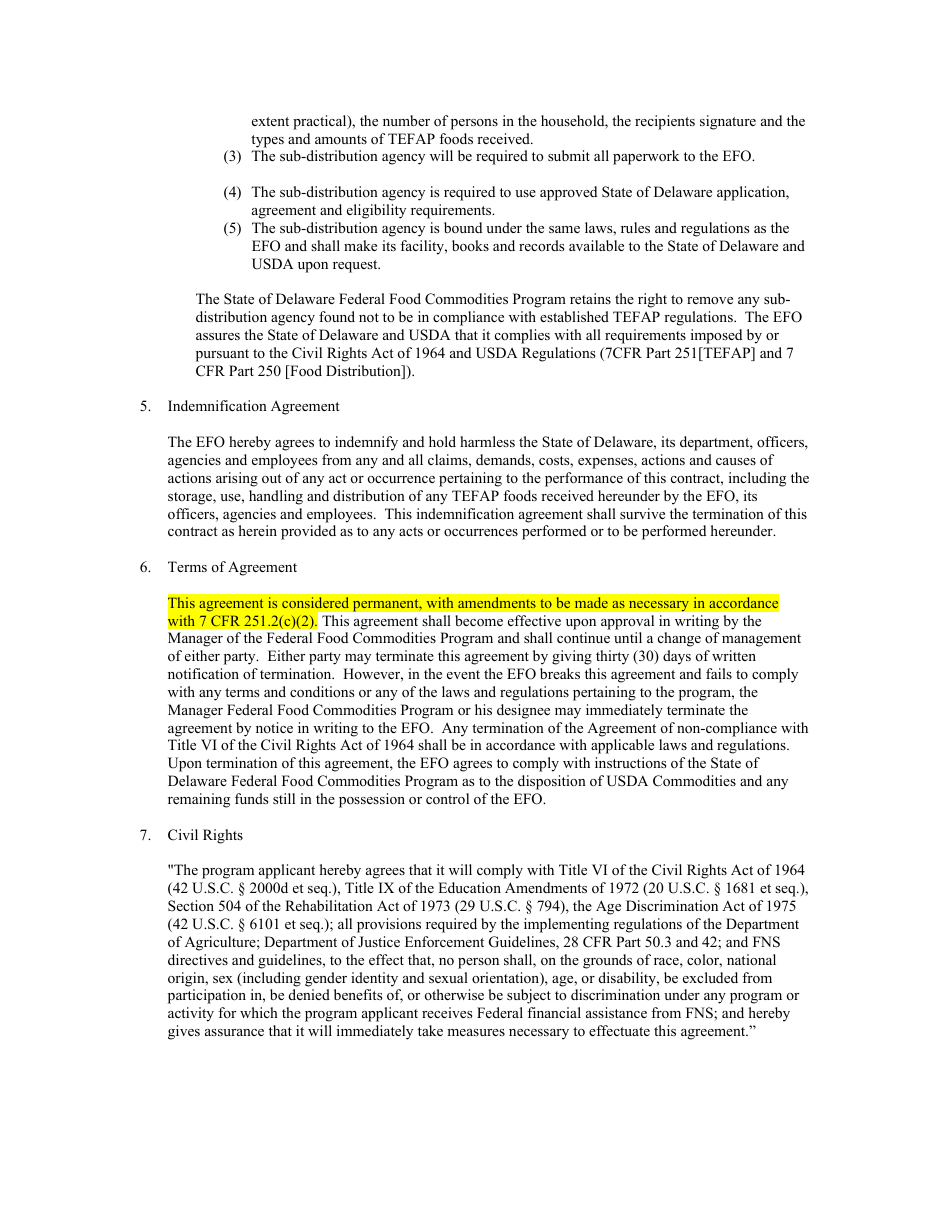 Food Distribution Agreement for the Emergency Food Assistance Program (Tefap) - Delaware, Page 4