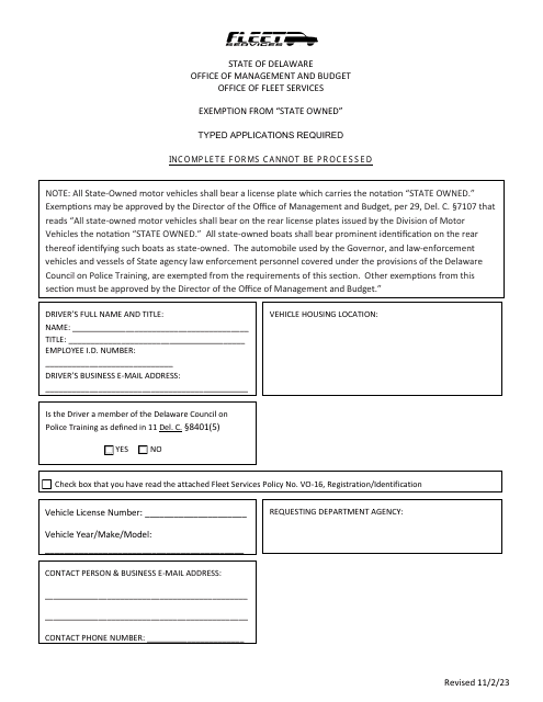 Exemption From State Owned - Delaware Download Pdf