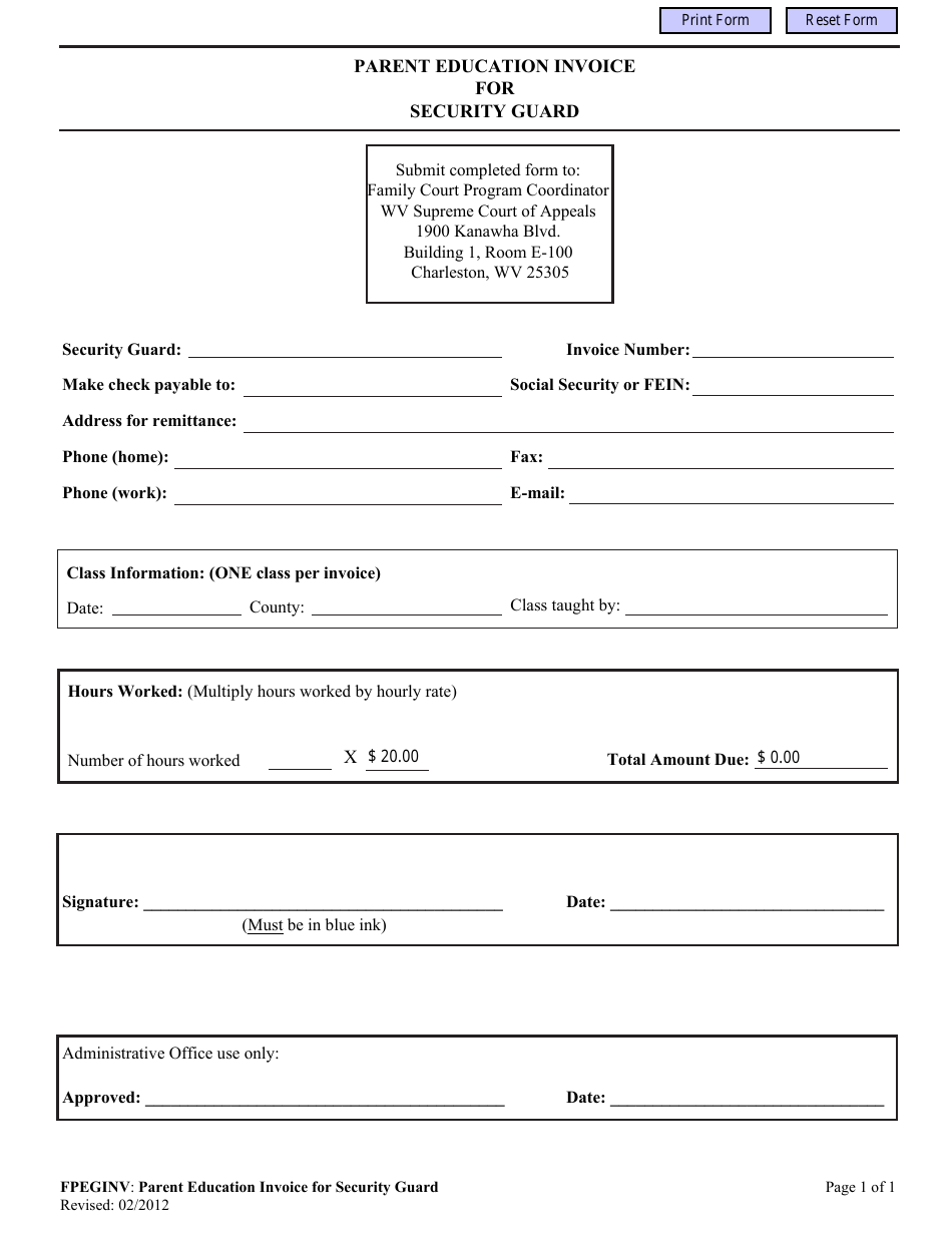 Form FPEGINV Parent Education Invoice for Security Guard - West Virginia, Page 1