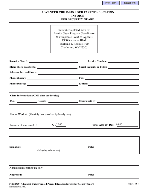 Form FPESINV Advanced Child-Focused Parent Education Invoice for Security Guard - West Virginia