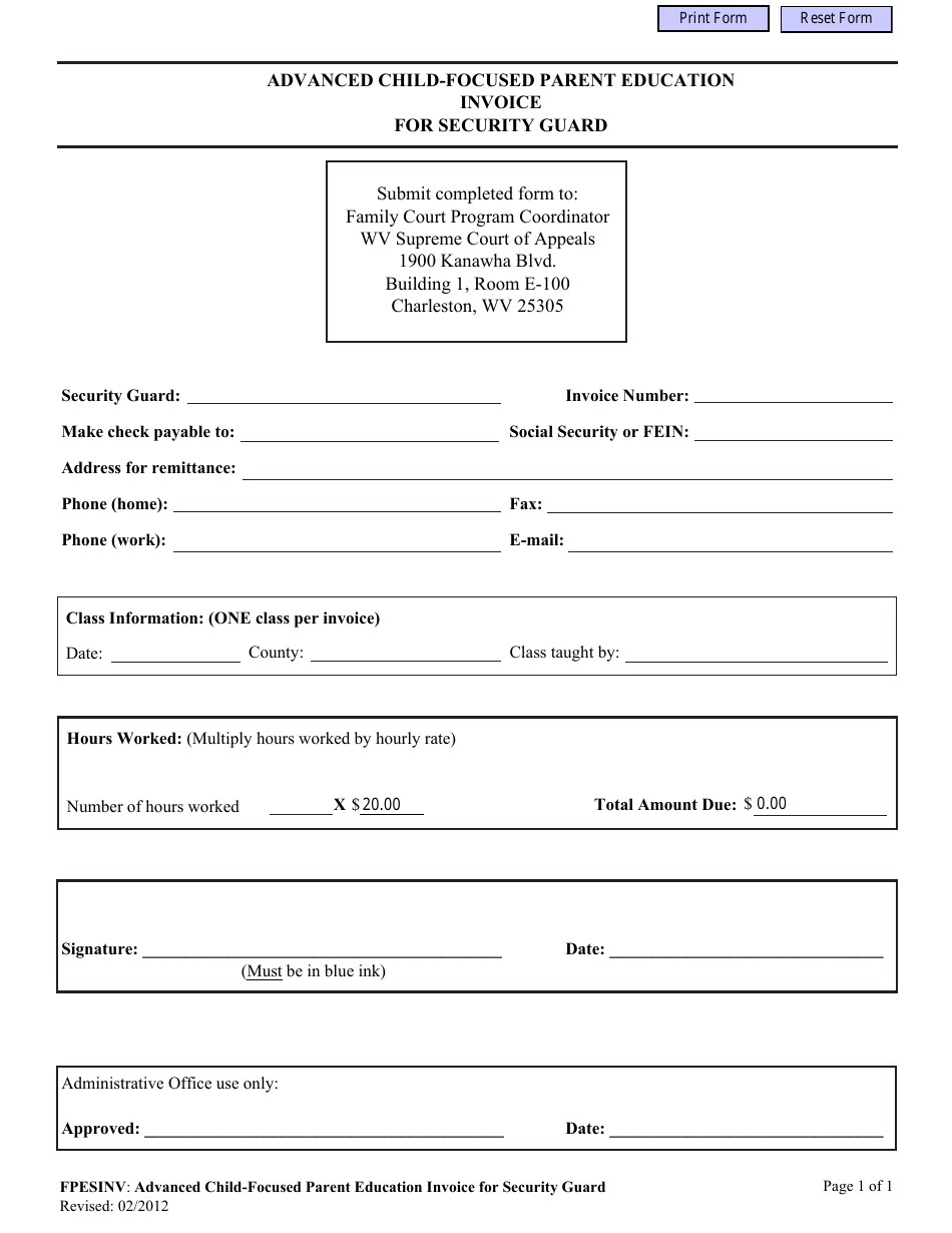 Form FPESINV Advanced Child-Focused Parent Education Invoice for Security Guard - West Virginia, Page 1