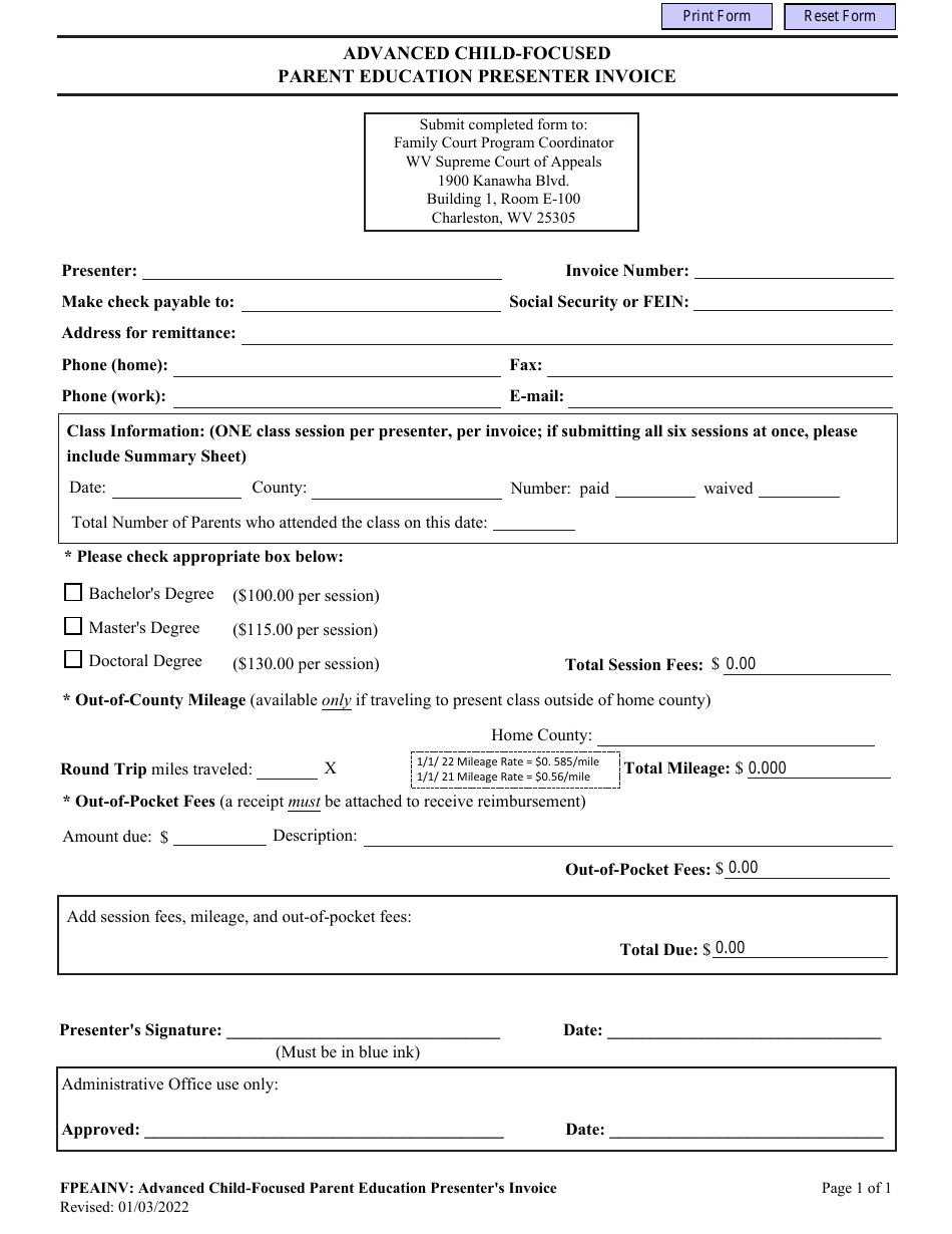 Form FPEAINV Advanced Child-Focused Parent Education Presenter Invoice - West Virginia, Page 1