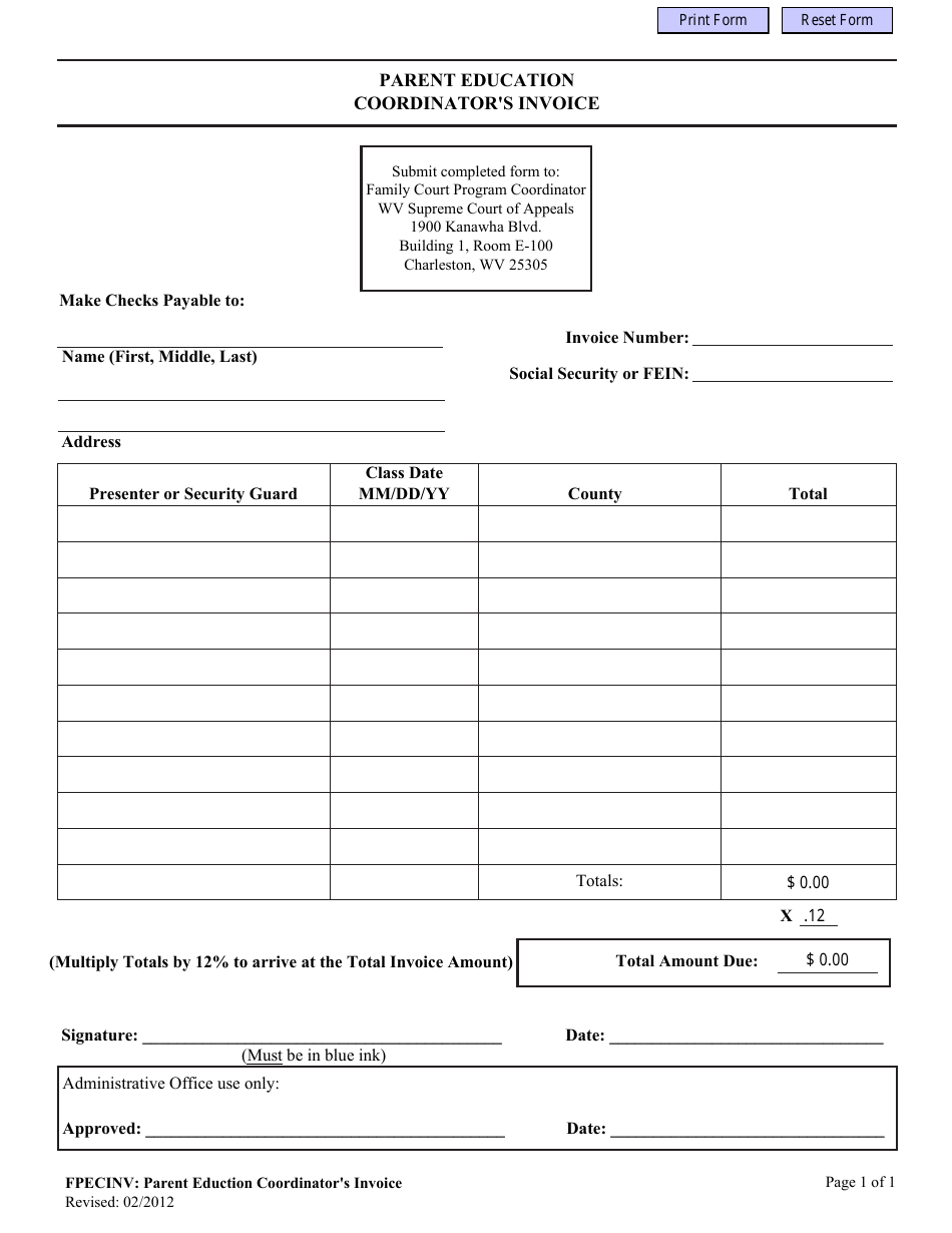 Form FPECINV Parent Education Coordinators Invoice - West Virginia, Page 1