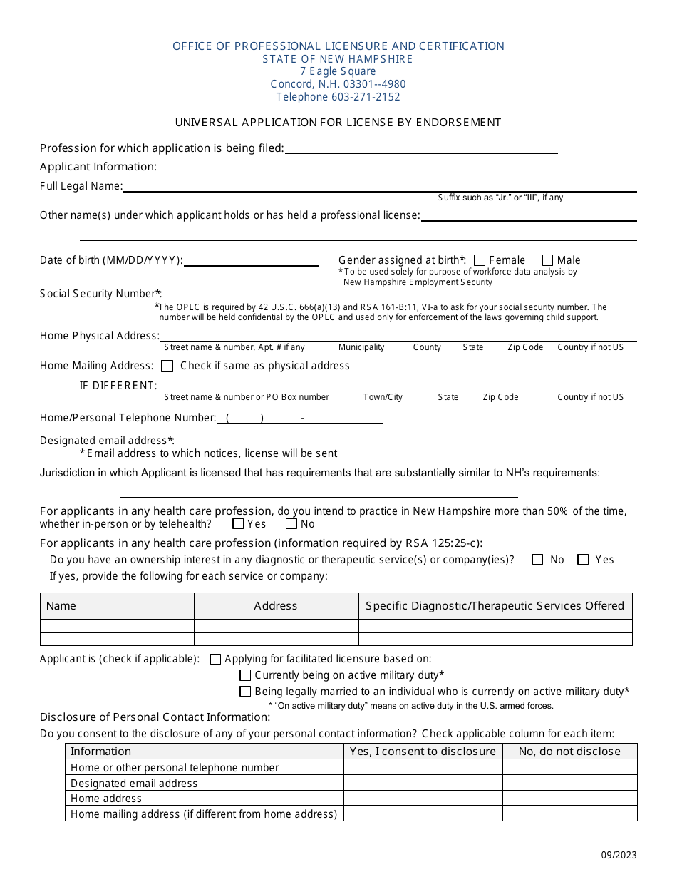 Universal Application for License by Endorsement - New Hampshire, Page 1