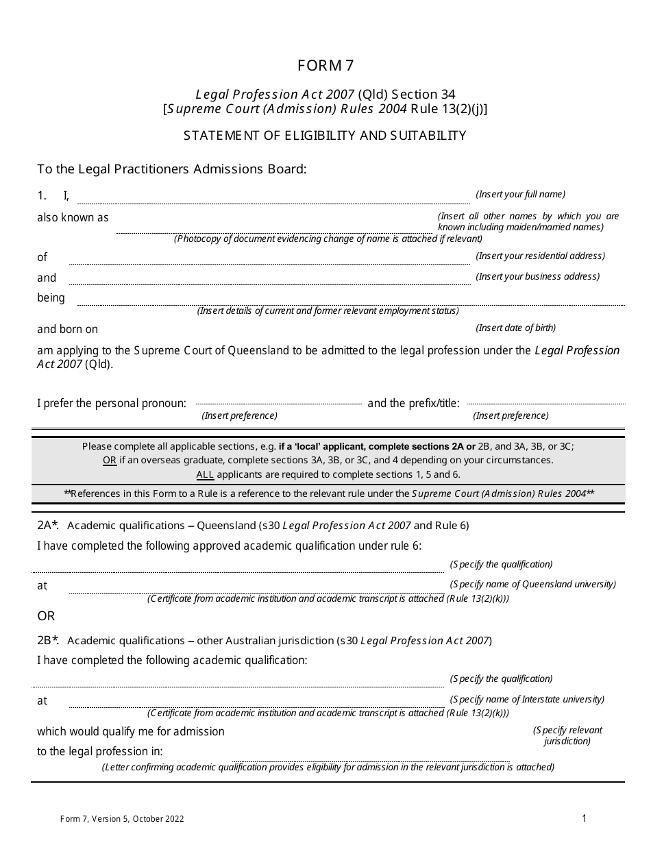 Form 7 Statement of Eligibility and Suitability - Queensland, Australia, Page 1