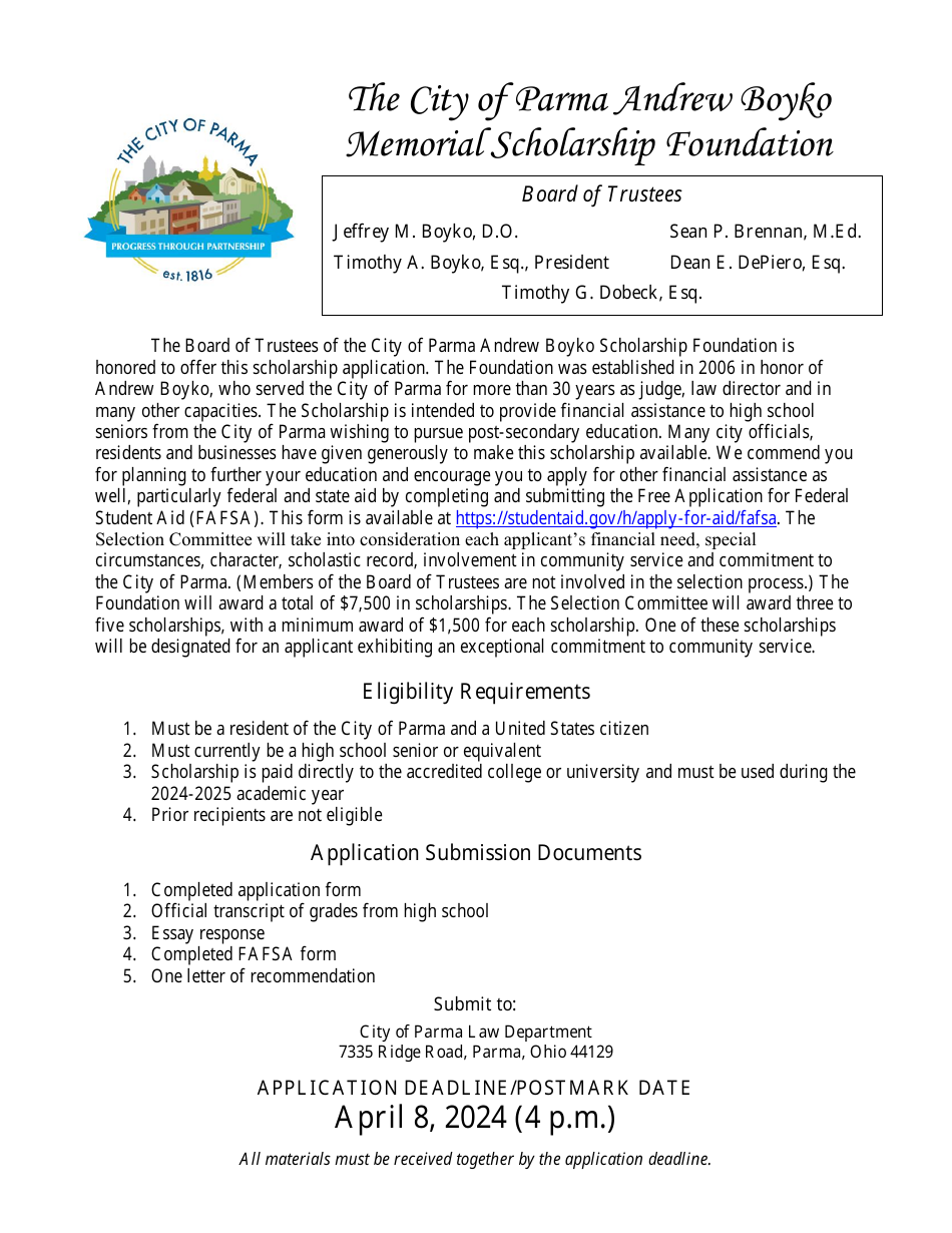 Andrew Boyko Memorial Scholarship Foundation Application Form - City of Parma, Ohio, Page 1