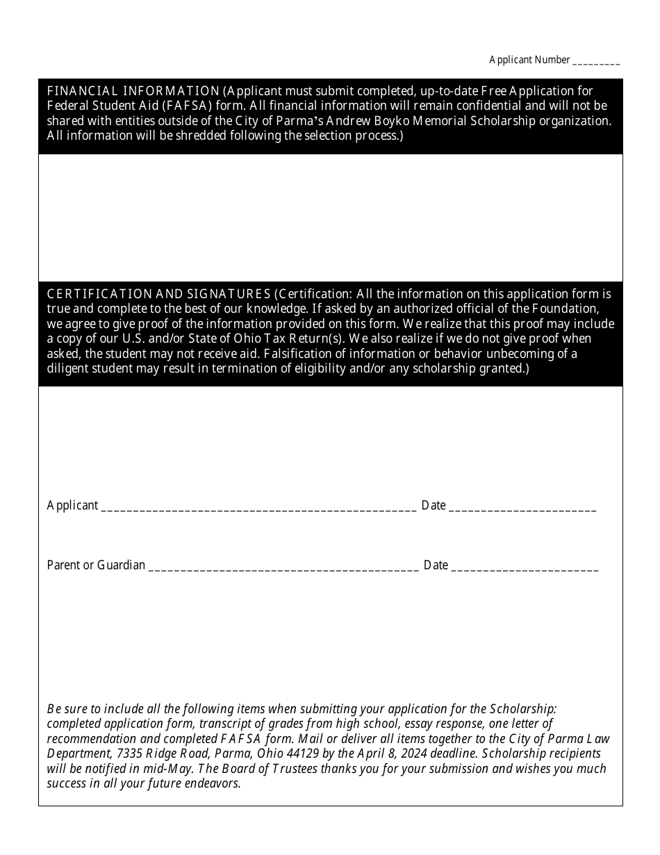Andrew Boyko Memorial Scholarship Foundation Application Form - City of Parma, Ohio, Page 4
