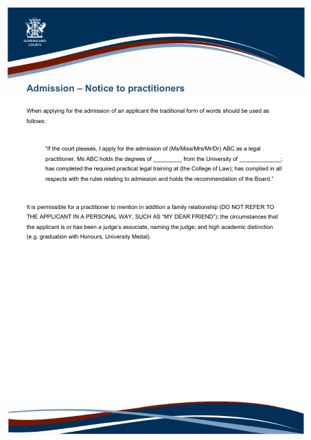 Admission - Notice to Practitioners - Queensland, Australia Download Pdf