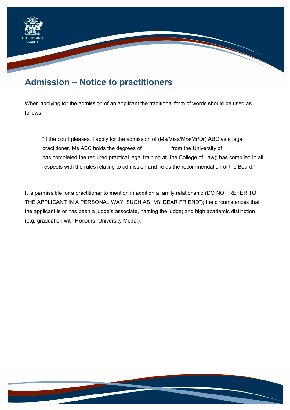 Admission - Notice to Practitioners - Queensland, Australia, Page 1