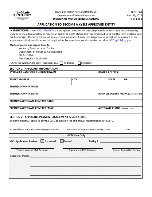 Form TC96-361 Application to Become a Kyelt Approved Entity - Kentucky