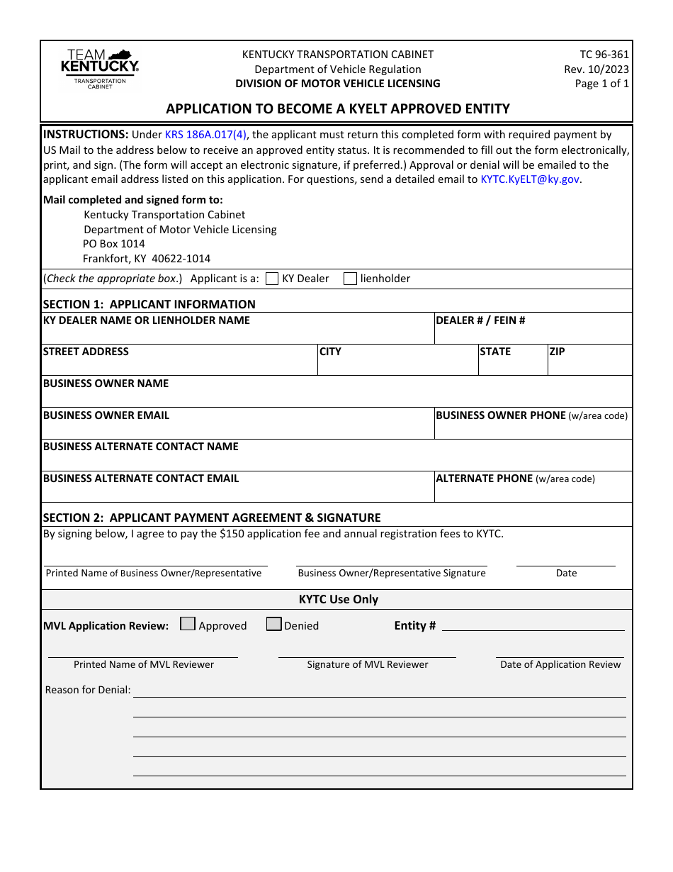 Form TC96-361 Application to Become a Kyelt Approved Entity - Kentucky, Page 1