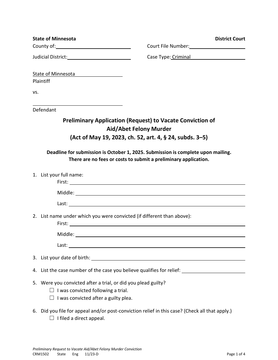 Form CRM1502 Preliminary Application (Request) to Vacate Conviction of Aid / Abet Felony Murder - Minnesota, Page 1