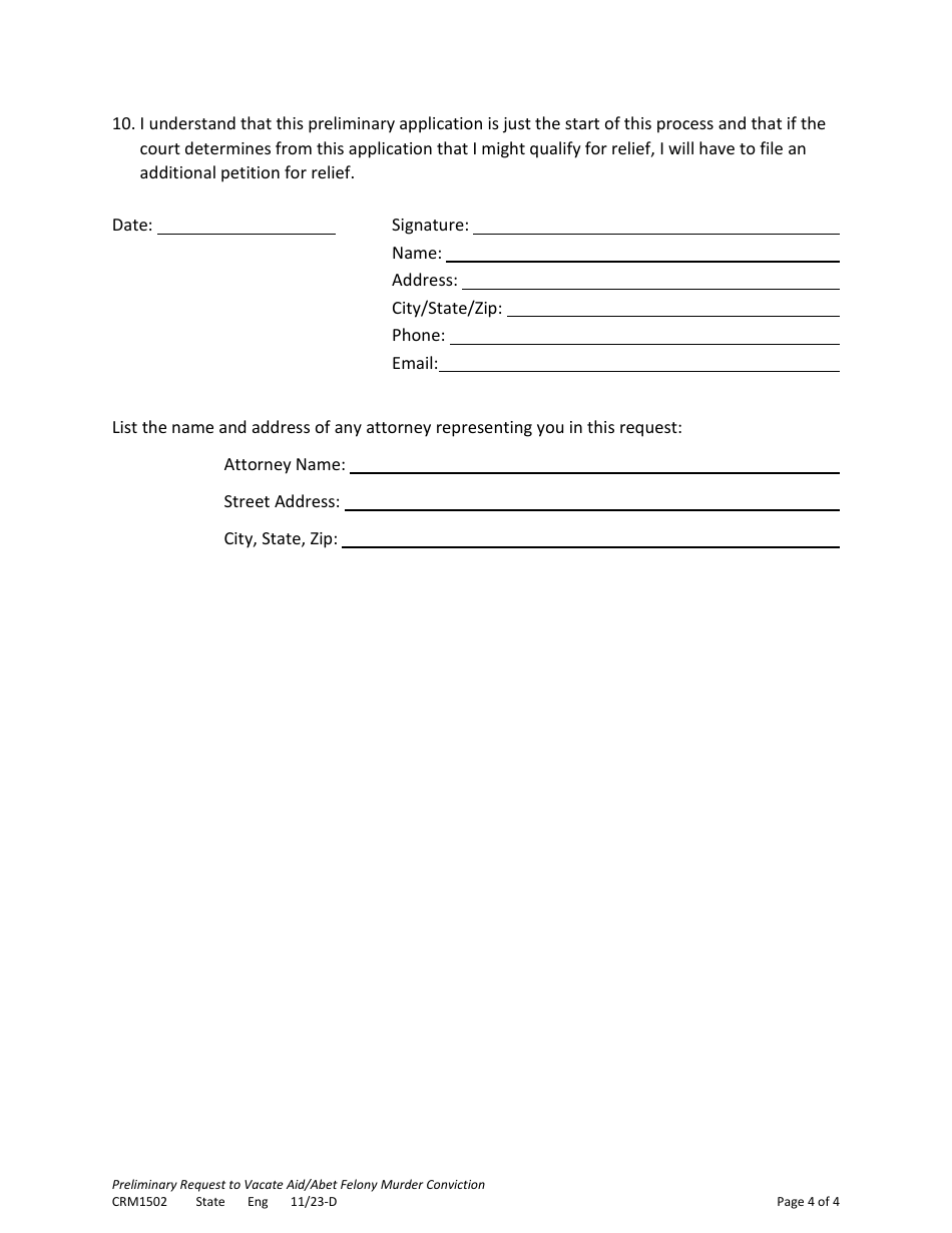 Form CRM1502 Preliminary Application (Request) to Vacate Conviction of Aid / Abet Felony Murder - Minnesota, Page 4