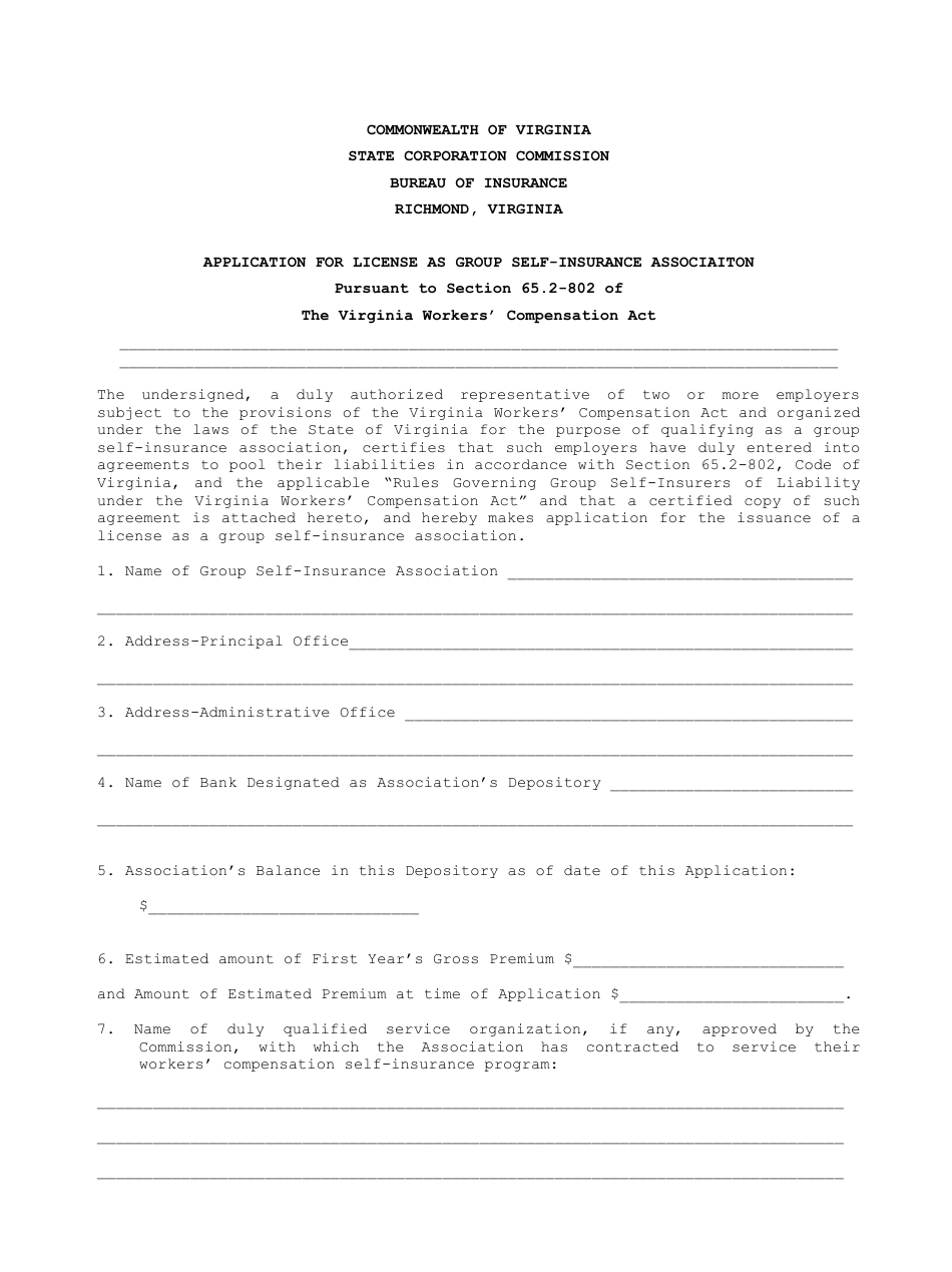 Application for License as Group Self-insurance Associaiton - Virginia, Page 1