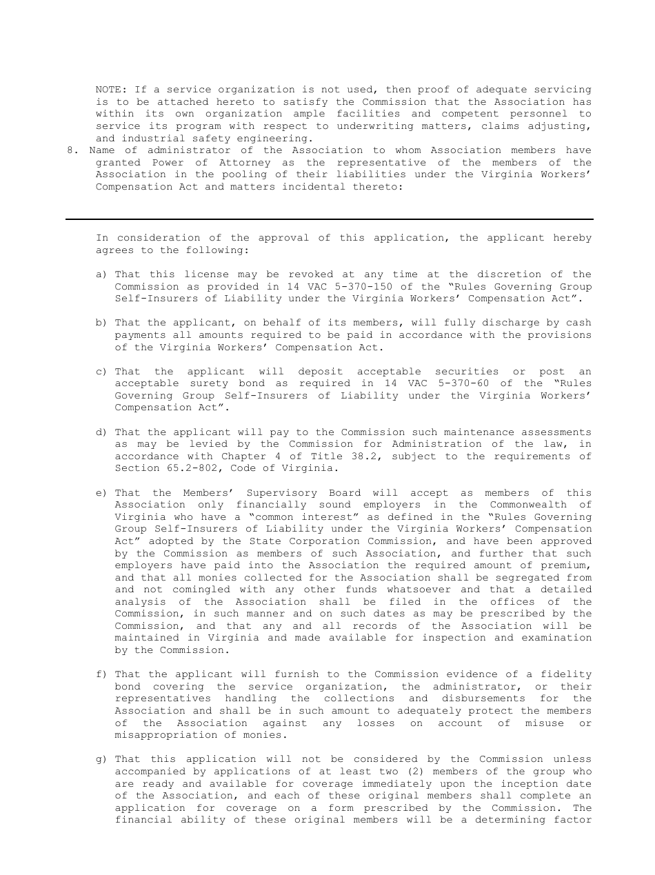 Application for License as Group Self-insurance Associaiton - Virginia, Page 2