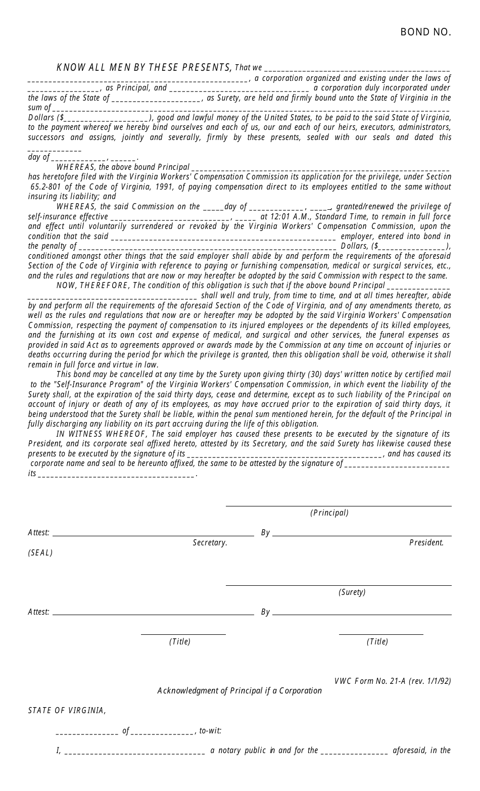 VWC Form 21-A Self-insurance Bond - Virginia, Page 1