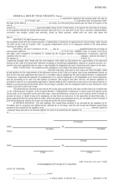 VWC Form 21-A Self-insurance Bond - Virginia