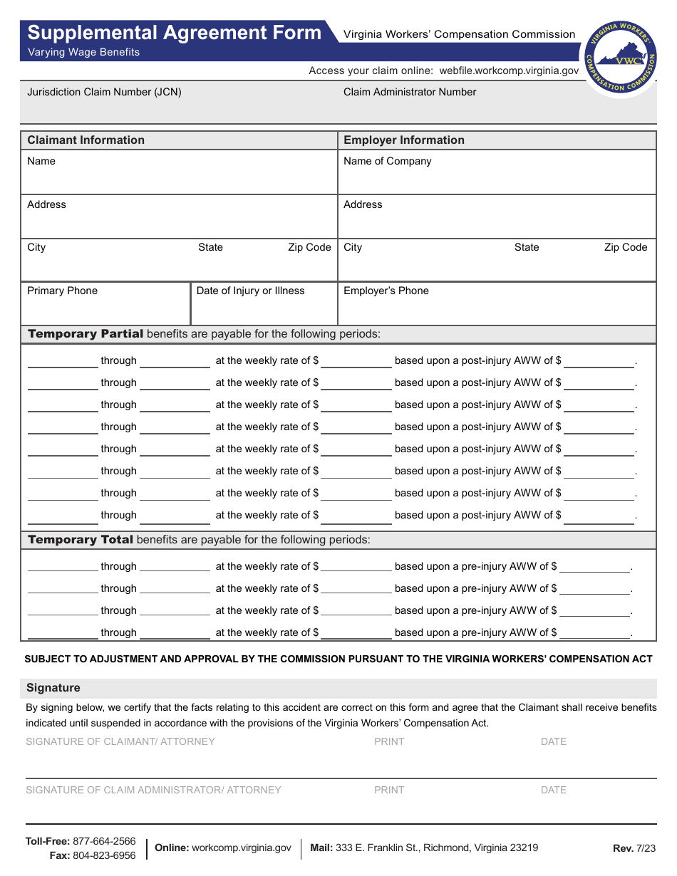 Supplemental Agreement Form Varying Wage Benefits - Virginia, Page 1