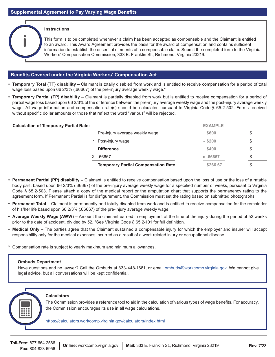 Supplemental Agreement Form Varying Wage Benefits - Virginia, Page 2