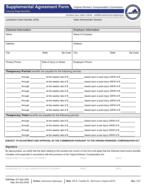 Supplemental Agreement Form Varying Wage Benefits - Virginia