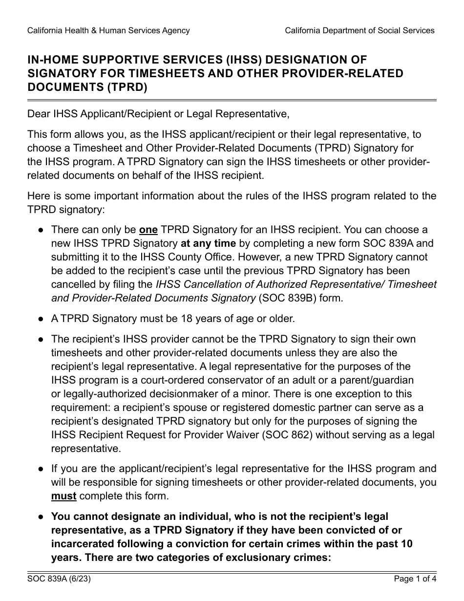 Form SOC839A In-home Supportive Services (Ihss) Designation of Signatory for Timesheets and Other Provider-Related Documents (Tprd) - California, Page 1