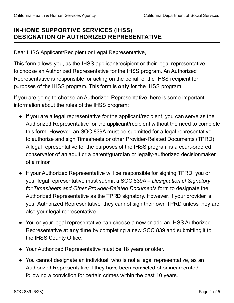 Form SOC839 In-home Supportive Services (Ihss) Designation of Authorized Representative - California, Page 1
