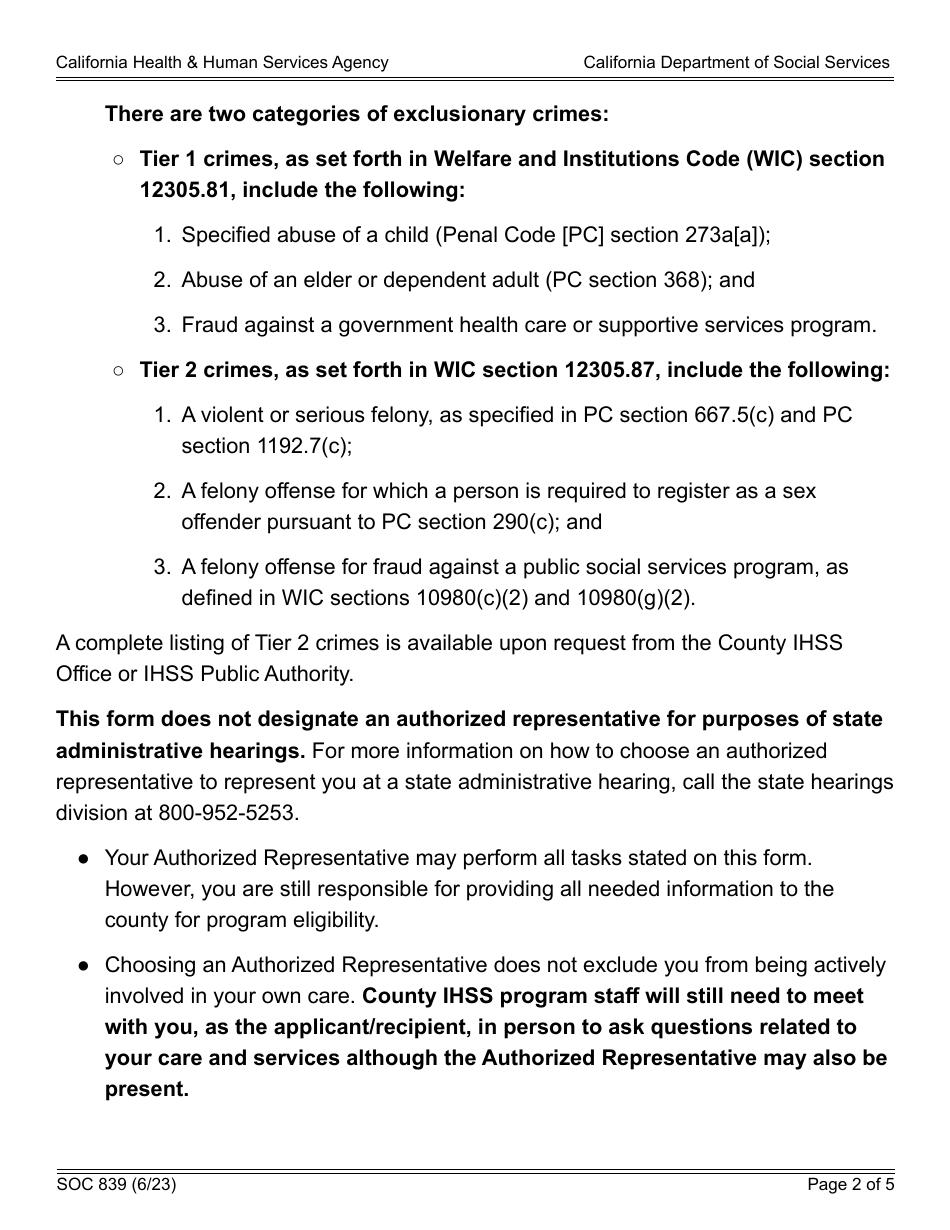 Form SOC839 In-home Supportive Services (Ihss) Designation of Authorized Representative - California, Page 2