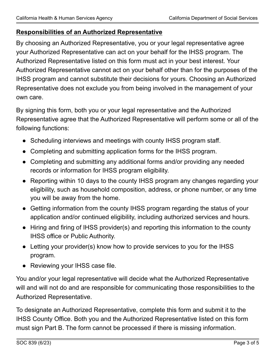 Form SOC839 In-home Supportive Services (Ihss) Designation of Authorized Representative - California, Page 3