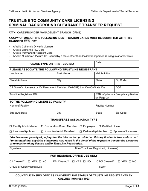 Form TLR03 Trustline to Community Care Licensing Criminal Background Clearance Transfer Request - California
