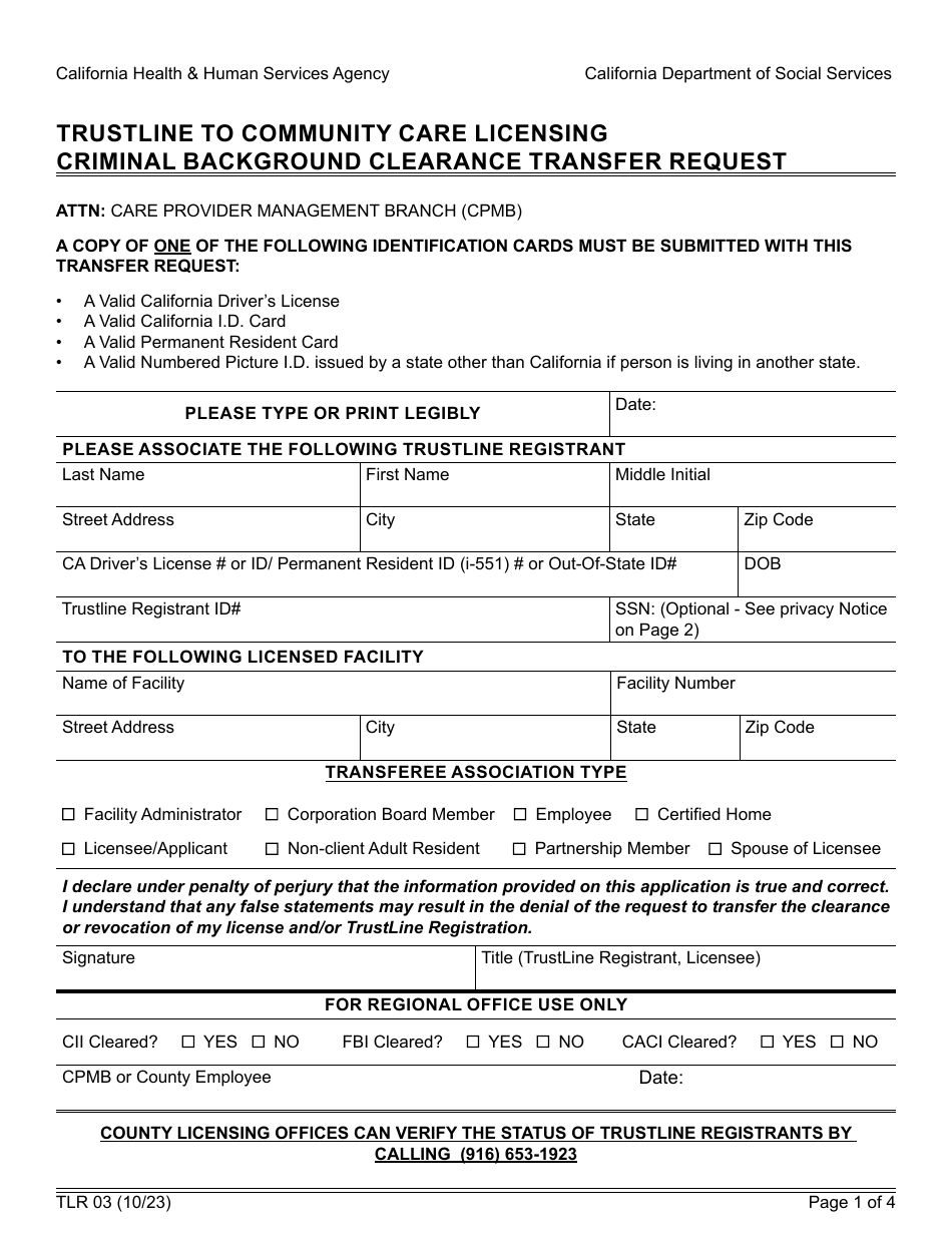 Form TLR03 Trustline to Community Care Licensing Criminal Background Clearance Transfer Request - California, Page 1