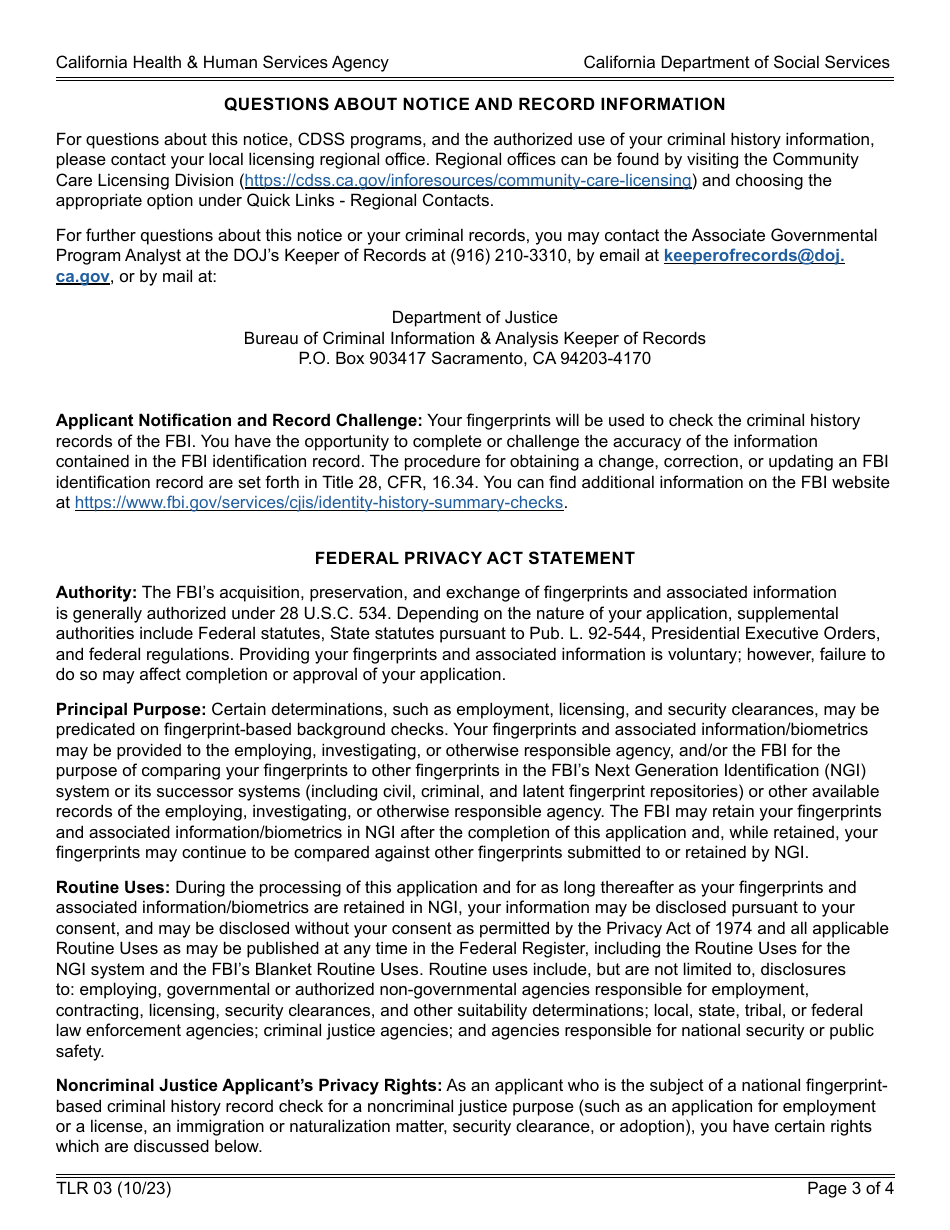 Form TLR03 Trustline to Community Care Licensing Criminal Background Clearance Transfer Request - California, Page 3