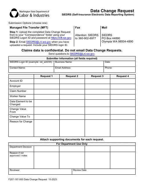 Form F207-197-000 Data Change Request - Siedrs (Self-insurance Electronic Data Reporting System) - Washington