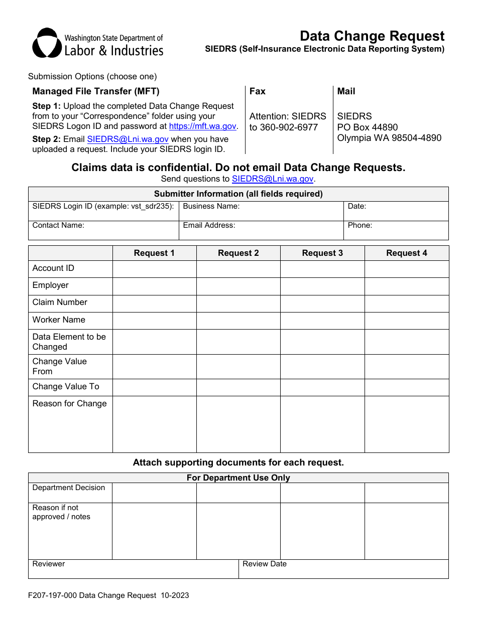 Form F207-197-000 Data Change Request - Siedrs (Self-insurance Electronic Data Reporting System) - Washington, Page 1