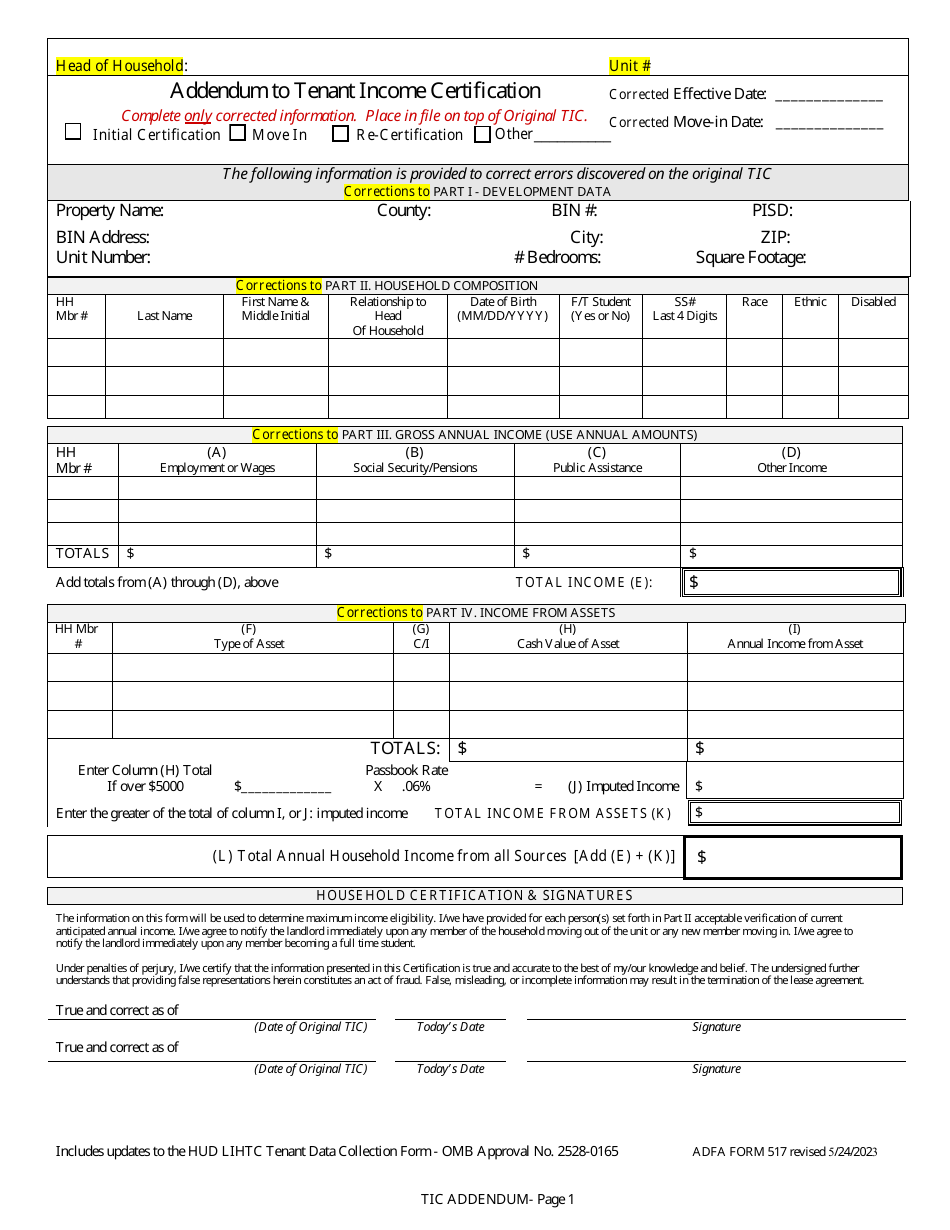 ADFA Form 517 Addendum to Tenant Income Certification - Arkansas, Page 1