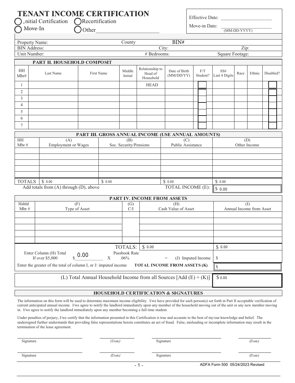 ADFA Form 500 Tenant Income Certification - Arkansas, Page 1