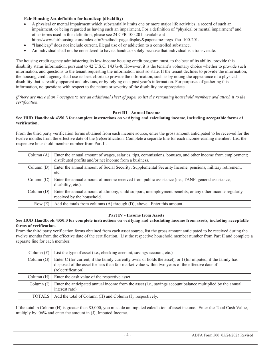 ADFA Form 500 Tenant Income Certification - Arkansas, Page 4