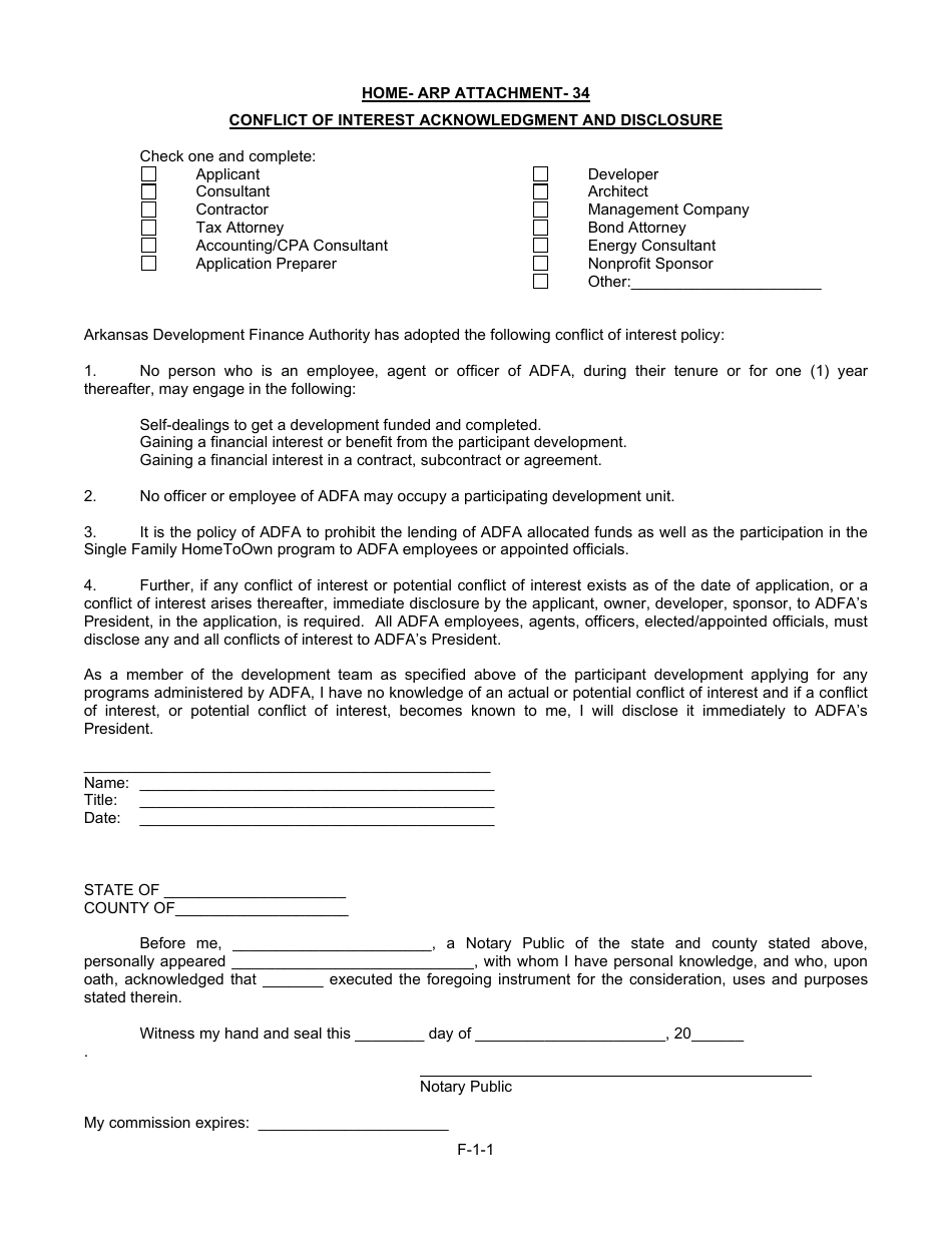 Attachment 34 Conflict of Interest Acknowledgment and Disclosure - Home-Arp - Arkansas, Page 1