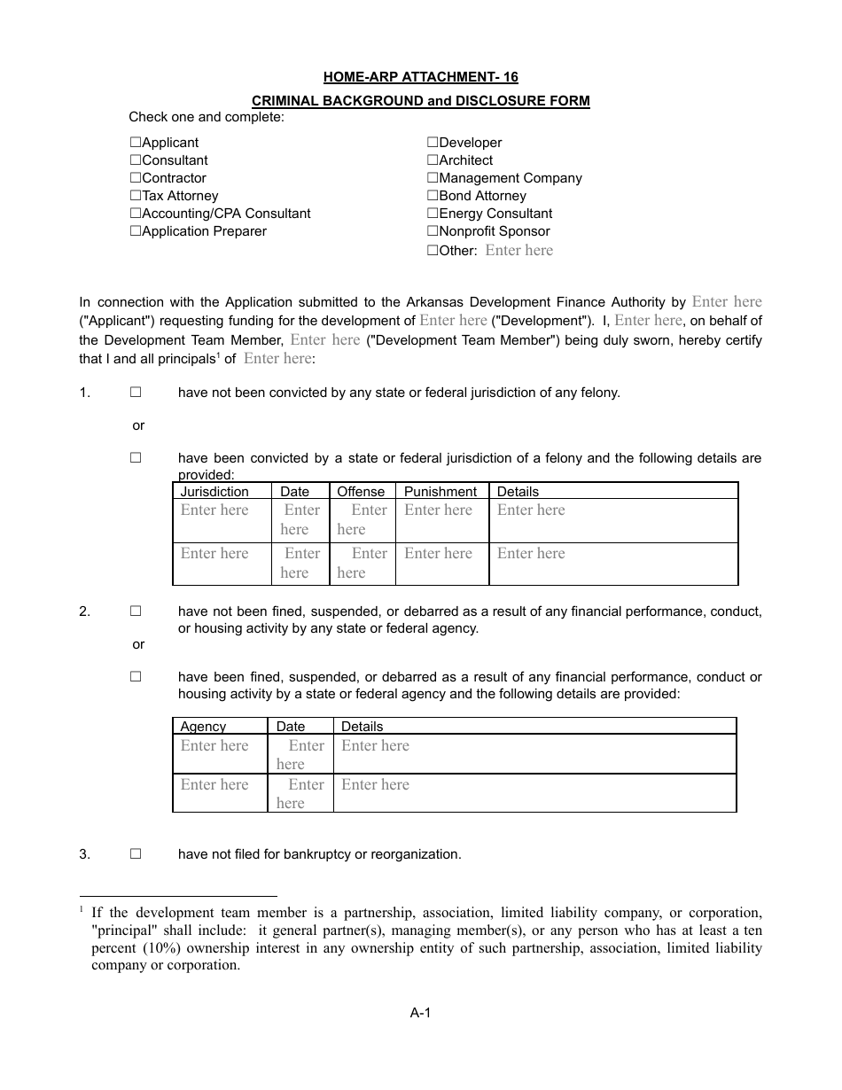 Attachment 16 Criminal Background and Disclosure Form - Home-Arp - Arkansas, Page 1