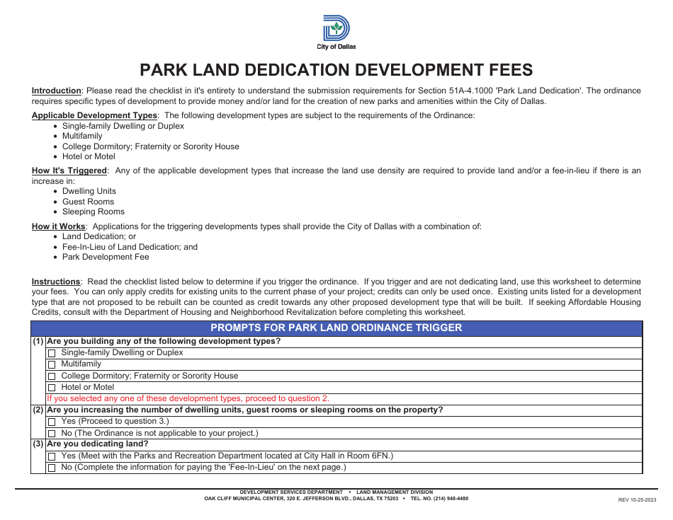 Park Land Dedication Development Fee-In-lieu Worksheet - City of Dallas, Texas, Page 1