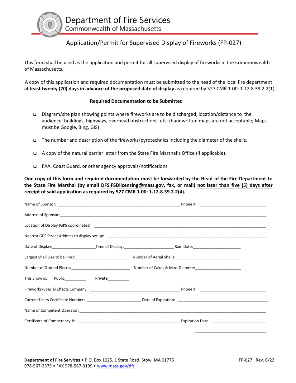 Form FP-027 Application / Permit for Supervised Display of Fireworks - Massachusetts, Page 1