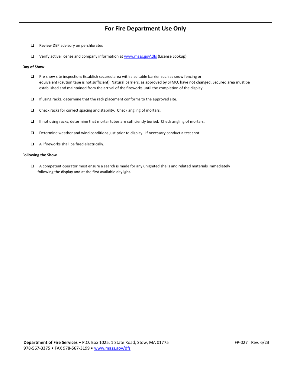 Form FP-027 Application / Permit for Supervised Display of Fireworks - Massachusetts, Page 3