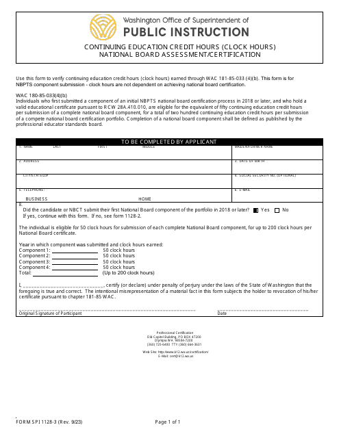Form SPI1128-3 Continuing Education Credit Hours (Clock Hours) National Board Assessment/Certification - Washington